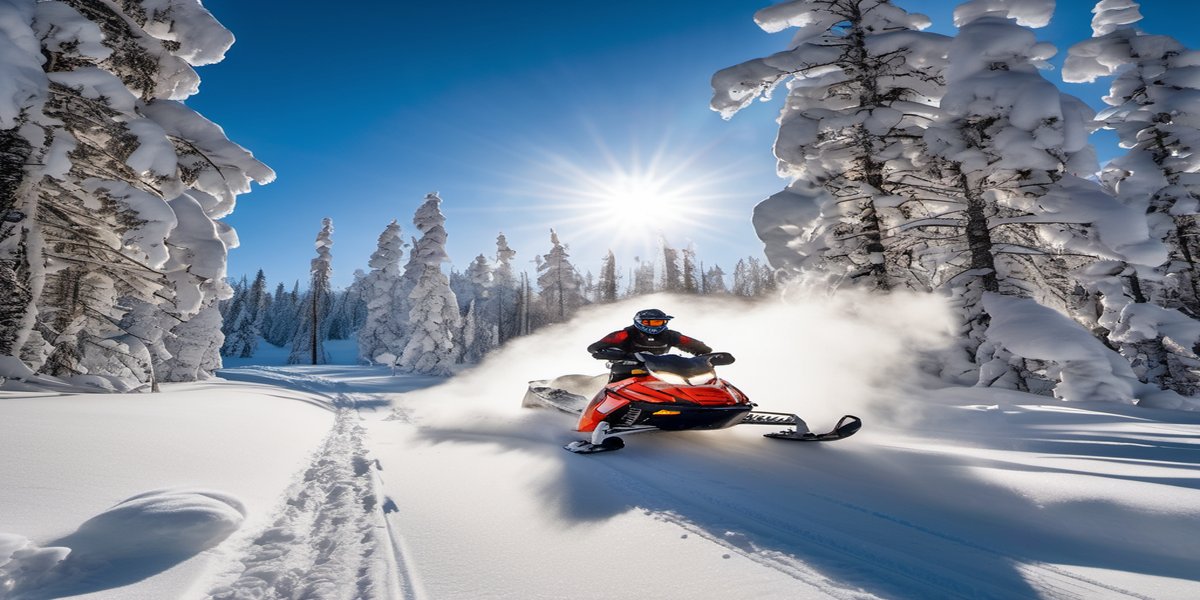 Snowmobile tracks leading into a snowy forest near Rovaniemi at dusk